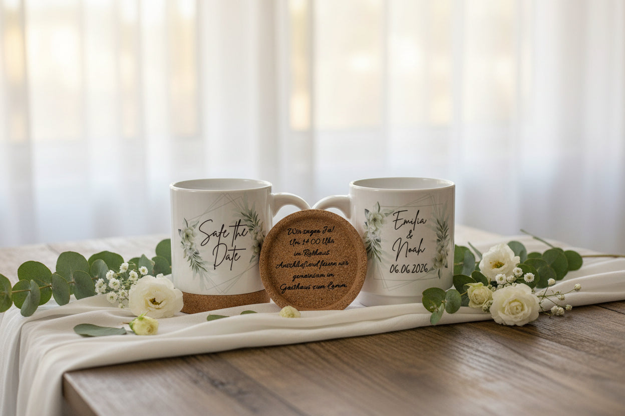 Save the Date Tasse mit Kork-Untersetzer - Eine Hochzeitseinladung, die bleibt