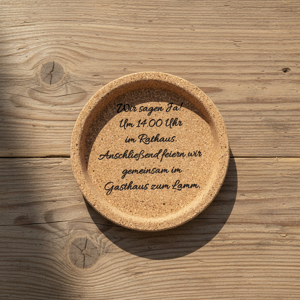 Save the Date Tasse mit Kork-Untersetzer - Eine Hochzeitseinladung, die bleibt
