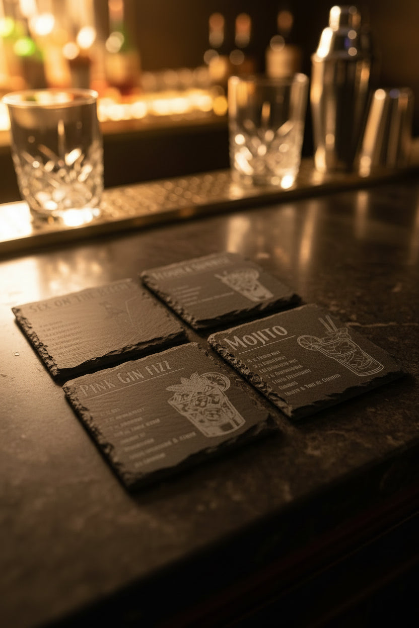 Schiefer-Untersetzer Cocktail personalisiert - stilvolles Set mit Gravur