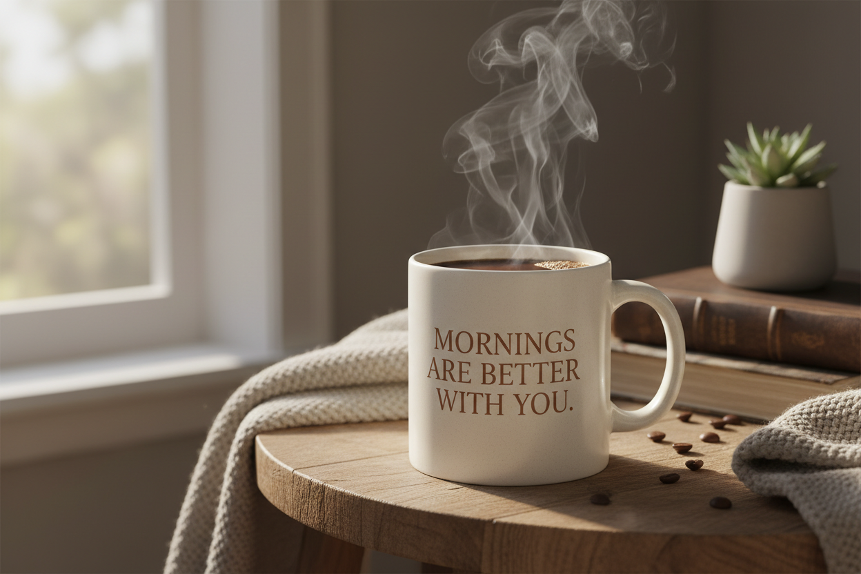 Eine Personalisierte Tasse mit einem Spruch darauf auf einem Beistelltisch und dampendem Kaffee